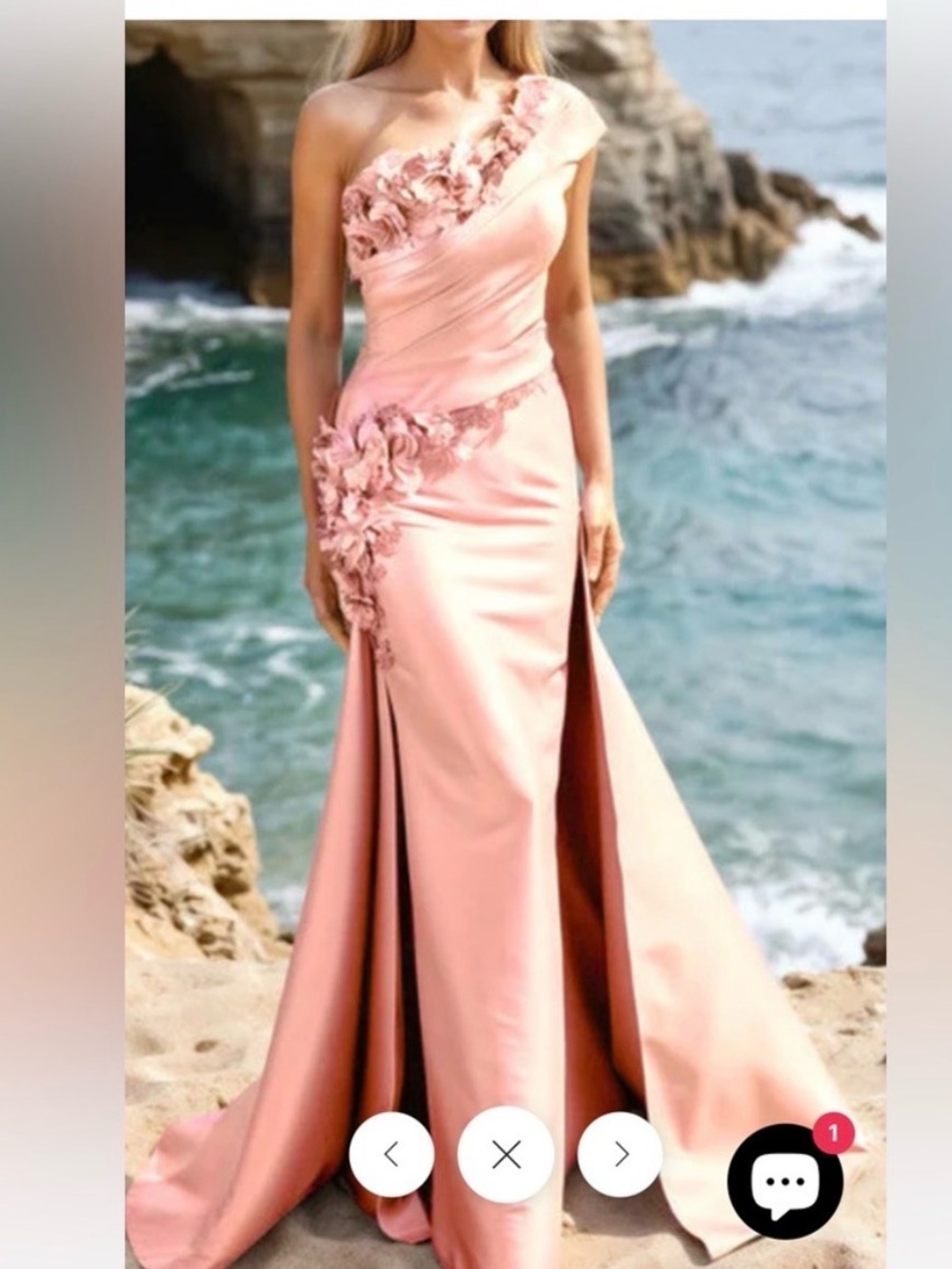 Terani Couture One-Shoulder Blush Pink Floral Appliqué Gown